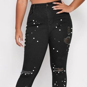 Plus raw hem ripped pearls beaded jeans